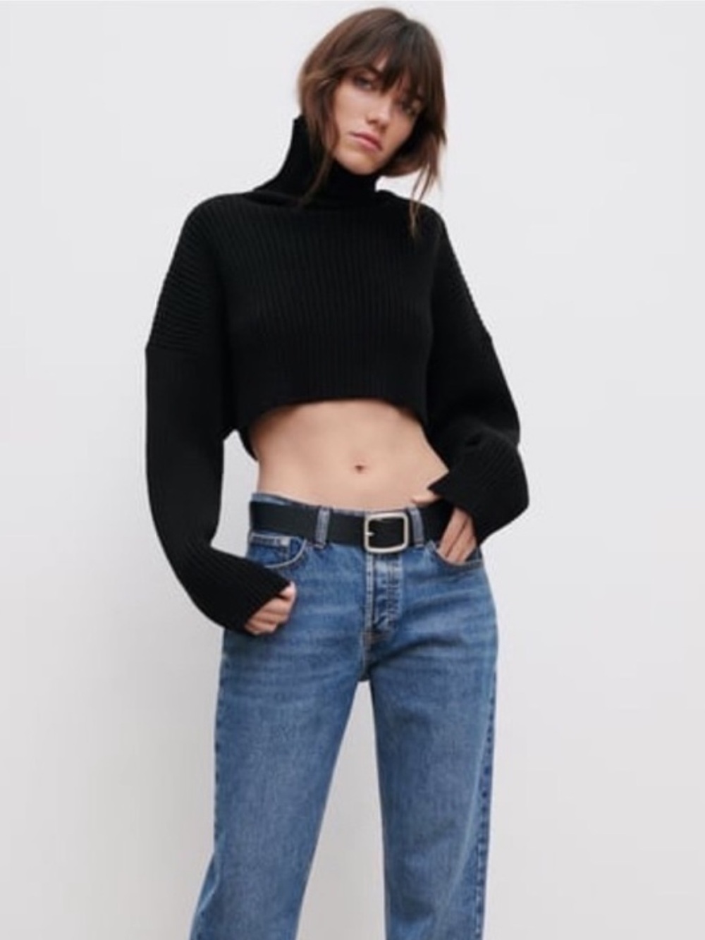 cropped ribbed turtleneck knit sweater